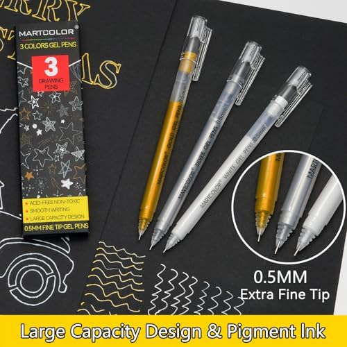 MARTCOLOR Gold Silver White Gel Pens, 3 Pack 0.5mm Fine Point Gel ink Pens