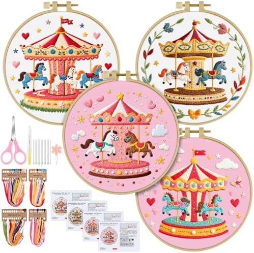 ERKOON 4 Set Embroidery Kit for Beginners, Cross Stitch Set Include Embroidery Cloth Hoops Threads for Craft Lover Hand Stitch with Embroidery Skill Techniques (Carousel)