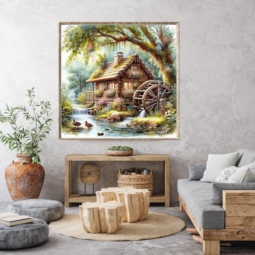 Countryside Diamond Art Kits for Adults, Diamond Painting Kits for Adults for Beginners, DIY Water Wheel Diamond Dots Art Kits, 5D Full Round Drill Gem Art Painting Kits for Home Wall Decor, 14x14in