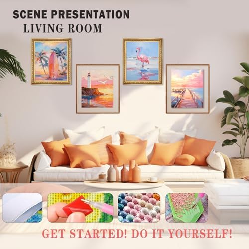 XUNLURY Pastel Nautical Coastal Diamond Art Kits 4 Pcs, Tropical Beach Sunset Flamingo Diamond Painting Kits for Adults Girls Beginners, Full Drill Diamonds Dots for Home Decor, 9.8x11.8 Inch