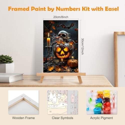 MOGTAA Halloween Paint by Numbers Kit for Adults Beginners with Frame, Skull Adult Paint by Number Kits on Canvas with Easel, Easy DIY Pumpkin Oil Painting Kits for Home Decor, 8x12in
