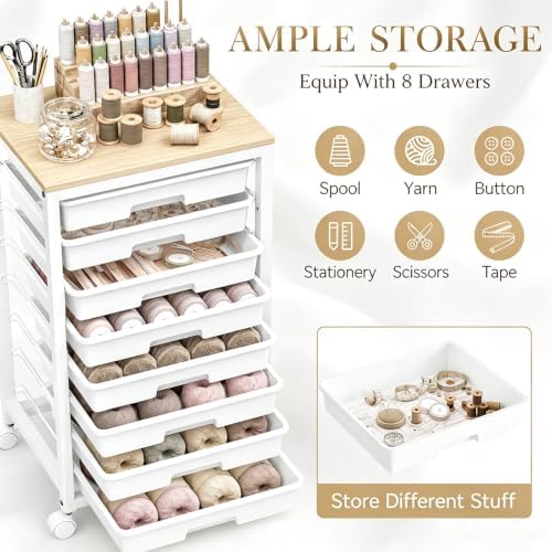 SYKIARIOL Rolling Cart with 8 Drawers,White