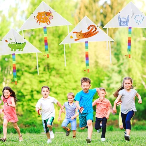 Libima 100 Pcs DIY Blank Kites for Kids Bulk Large Kite Making Kit Easy to Fly Set Party with Watercolor Pens and String Decorating Coloring Party Set for Craft Outdoor Games (Triangle)