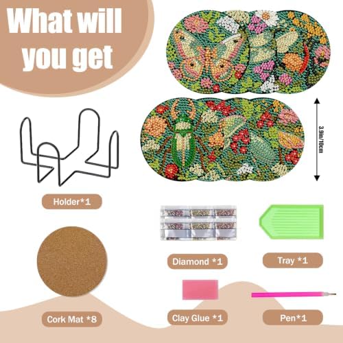 8 Pcs Insect Diamond Art Coasters Kits, Insect Diamond Painting Coasters
