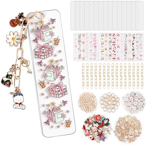 253 Pcs Bow Acrylic Bookmark Blanks(2mm) Thicken 15 DIY Bookmark Making 17 Bow UV DTF Sticker 76 Charms 15 Extender Chains and 130 Jump Ring Suitable for DIY Crafts Gifts