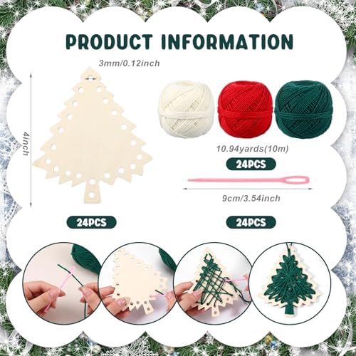 Kathfly 24 Set Christmas Wooden Craft Kit Christmas Tree String Craft Ornaments with Yarn and Plastic Weaving Tools DIY Art Hanging Decorations for Classroom Xmas Holiday Party Favor Home Activities
