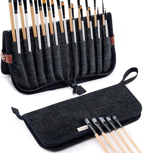Paint Brush Holder Case for Artists with 22 Slots, Brush Organizer with Pop-Up Stand, Travel Paintbrush Storage Bag for Acrylic Oil Watercolor, Zippered Art Brush Cover (Brushes Not Included)