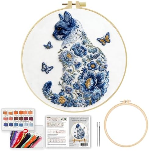 JOZYSH Blue Flower Cat and Butterfly Stamped Pattern Embroidery Kit for Beginners Adults Includes Cloth,Hoop,Color Threads,Needles and Instruction,Lover Hand Stitch with Embroidery Skill Techniques