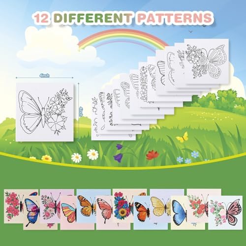 12 Packs Butterfly Pre Drawn Canvas to Paint, Pre Printed Canvas for Painting, Pre Stretched Canvas Outline Painting Boards for Beginners, Students, Party Favors(4 * 4in)