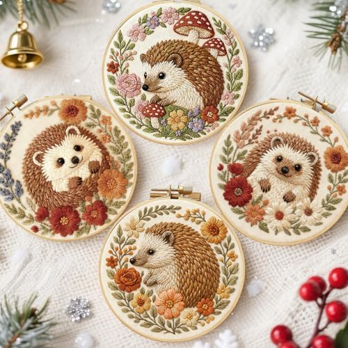 FREEBLOSS 4 Pack Embroidery Kit for Beginners Hedgehog Stamped Embroidery Starter Kit with Instruction Cross Stitch Needlepoint Kits for Crafts Adults with 2 Hoops 20cm/7.9inch
