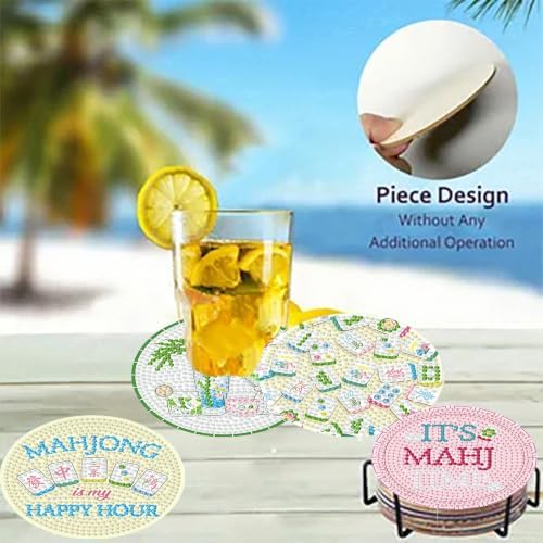 8 Pack Mahjong Diamond Art Coasters Kit for with Holder & Cork Backing