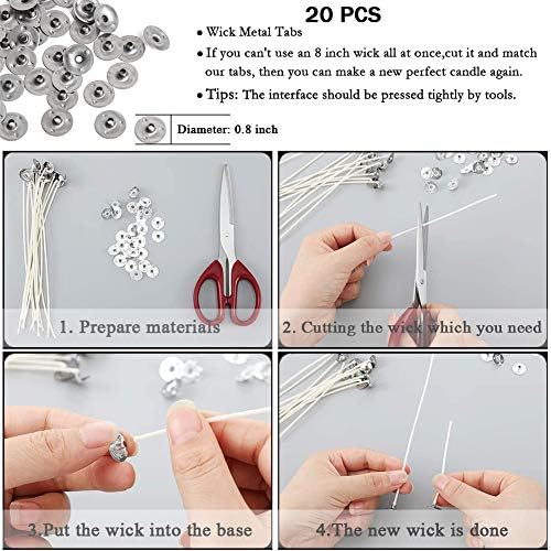 Bulk Cotton Candle Wick 8" Pre-Waxed 80 Pcs with 60Pcs Candle Wick Stickers, 5Pcs Candle Wick Centering Device and 20PCS Metal Tabs for Candle Making (80pcs 20cm Wick kit)