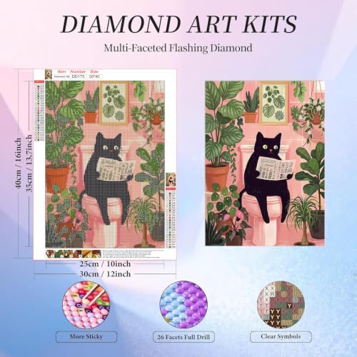 Cat Diamond Art Kits for Adults, Round Diamond Painting 12x16 Inch
