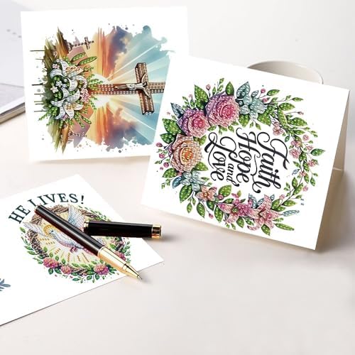 AiYuanzsh 6 Pack Diamond Art Greeting Cards with Envelopes, Religious Diamond Painting Cards Kit, DIY 5D Diamond Art Cards Set, Cross Bible Dove Designs for Christmas, Birthday, Holiday