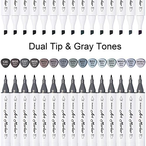 Shuttle Art 15 Colors Grey Tones Dual Tip Art Marker, Alcohol Based Marker Pens Double Ended with Fine and Chisel Point Tips Perfect for Drawing,Shading,Sketching,Designing,Outlining,Illustrating