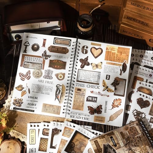 595Pcs Vintage Washi Stickers for Junk Journaling | 50 Sheets pre-cut dark academia ephemera in a portable booklet. No-residue washi material perfect for DIY scrapbooks