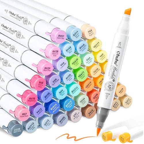Ohuhu Alcohol Markers Brush& Chisel 48 Mid-tone Colors for Adults Coloring