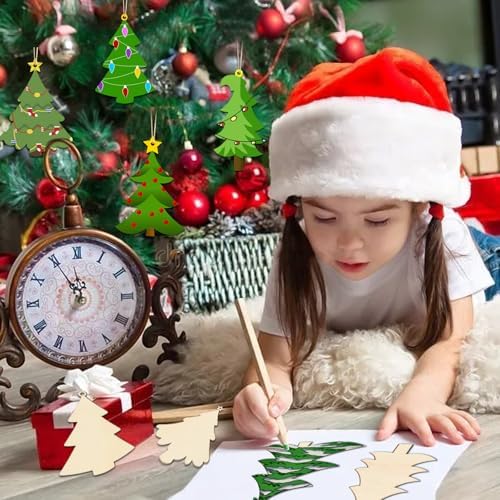 48Pcs Unfinished Paintable Blank Wooden Christmas Tree Festival Decoration Ornaments, Xmas Tree Hanging Wood Slices for DIY Art Crafts 4 Type