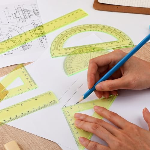 Tenare 6 Pcs Math Geometry Ruler Set, Protractor Triangle School,Yellow
