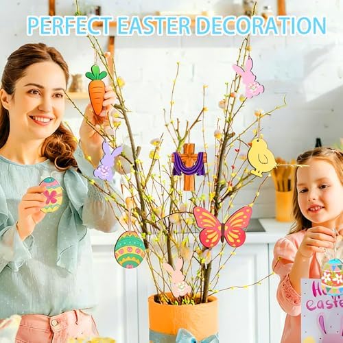 48Pcs Paintable Wooden Easter Ornaments Unfinished Wood Cutouts for Crafts DIY Eggs Bunny Butterfly Chick Carrot Painting for Crafts Hanging Wood Slices Spring Party Decoration