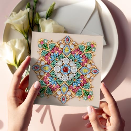 Diamond Art Cards with Envelopes–6PCS DIY Diamond Painting Greeting Cards Kit | Card Making Kit with Bling for Adults & Beginners | Birthday,Holiday & Thank You Cards (Mandala Flower)