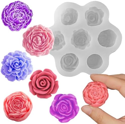 Wehous Flower Molds Silicone, 7 Cavity Rose Peony Fondant Mold for Jelly Chocolate Cake Decorating, 3D Candle Soap Silicone Mold Floral Epoxy Resin Casting Clay Mould Handmade Art Craft Accessories