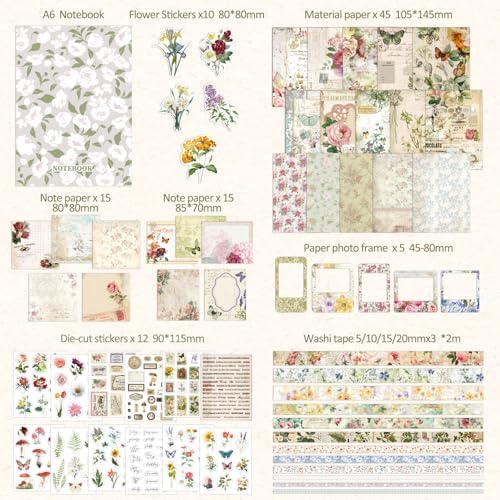 Vintage Botanical Scrapbooking Supplies Kit, Aesthetic Flower Scrapbook Kit for Bullet Junk Journal, 12 Rolls Washi Tape, Stickers Papers for DIY Journaling Supplies, Craft Gift for Girl Women