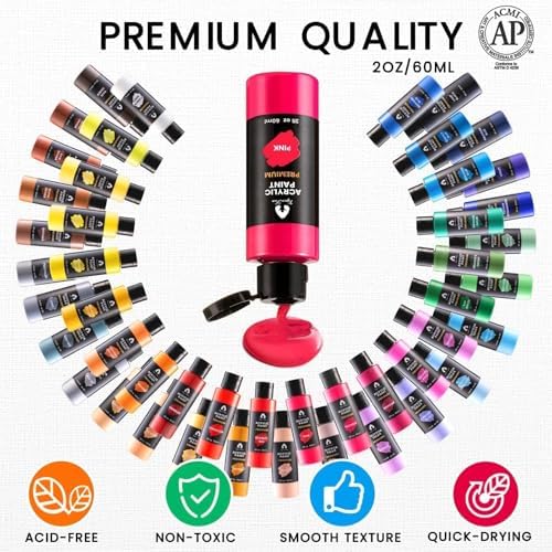 64 Pcs Acrylic Paint Set, 48 Colors 2oz/60ml Rich Pigments (Classic)