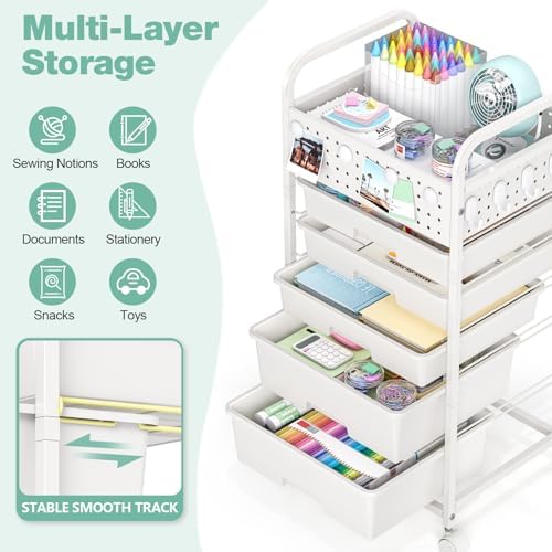 5 Drawer Rolling Storage Cart with Pegboard Top and Hooks, White