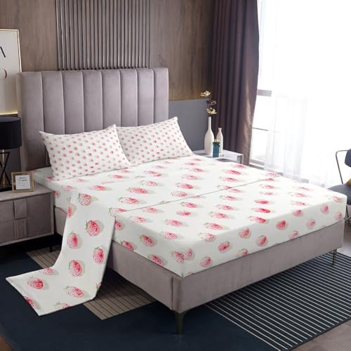 Manfei Cut Strawberry Sheet Set Pink Lovely Fruits Bedding Set Rustic Sweet Style Bed Sheets Teens Room Decor White (Queen Flat & Fitted Sheet with 2 Pillow Case)