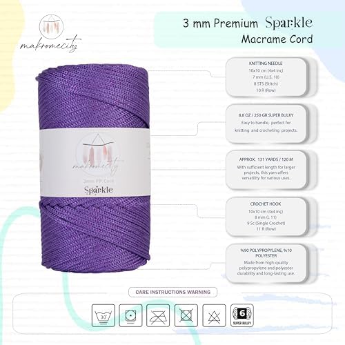 Makromecity Sparkle 2 Skeins of Polypropylene Macrame Cord 3mm x 131 Yards (394 feet) Premium Polyester Macrame Cord for Macrame Art & Crafts for Wall Hangings, Bags, Underplate, Rug