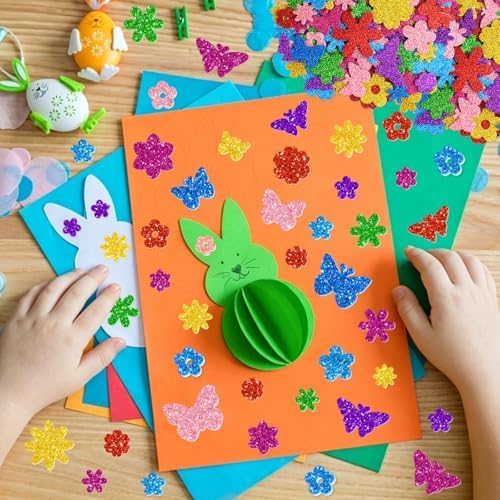 512 PCS Glitter Foam Stickers,Foam Flower&Butterfly Shapes Stickers,8Colors