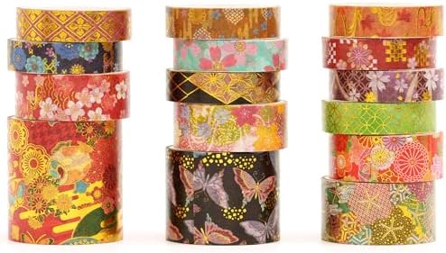 15 Rolls Japanese Sakura Washi Tape Set, Traditional Kimono Decorative Masking Tapes with Gold Foil, Cherry Blossom Arts for Craft, Scrapbook, DIY, Gift Wrapping (2-Hanami Elegance)
