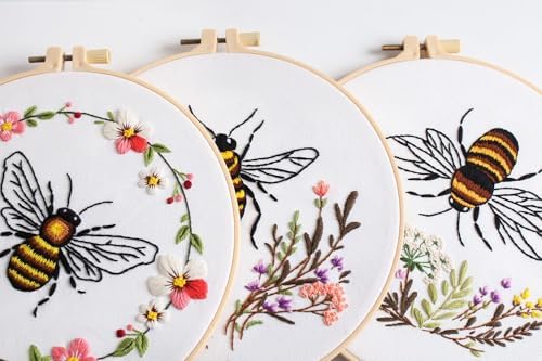 Konrisa Embroidery Kits for Adults Beginner, European Style Bees Collect Honey Stamped Embroidery Starter Kit,DIY Sewing Practice, Needlepoint Cross Stitch Kit,Set of 3