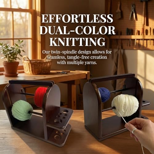 Yarn Holder for Crocheting, Wooden Yarn Spinner with Phone Stand, Dual Knitting Yarn Dispenser, Smooth Rotating Yarn Organizer with Tool Storage, Large Base Crochet Accessories Gifts for Mom