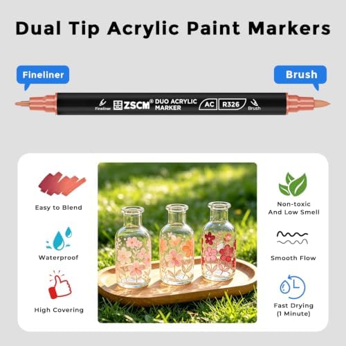 ZSCM 12 Red Acrylic Paint Markers, Dual Fine & Brush Tip Acrylic Pens
