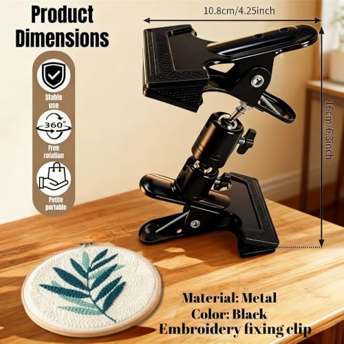 Embroidery Hoop Stand Holder - 360° Rotatable Adjustable Metal Table Clamp for Cross Stitchers,Hands-Free Sewing Needlework Stand,Fits 4–12 Inch Hoops,Portable Embroidery Stand with Protective Pads