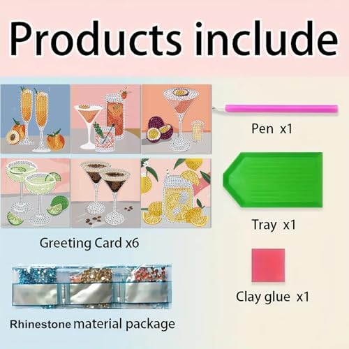 DDGYP 6 Pcs Cocktail Diamond Art Cards with Envelopes,Size 5.9×5.9inch