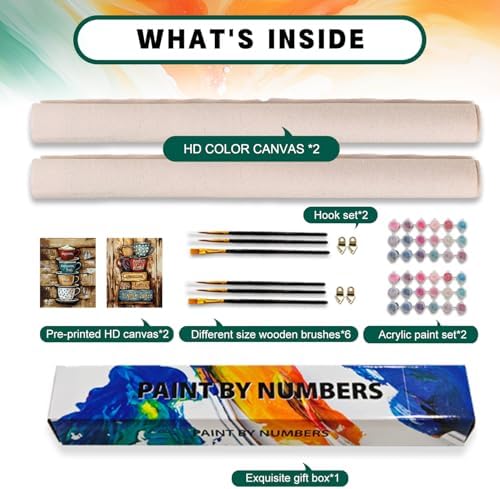 Possoco 2 Pack Paint by Numbers Kit for Adults Beginner, Colorful Coffee Cups Adult Paint by Number Kits on Canvas, DIY Acrylic Number Painting for Adults for Home Decor Gift 16x20 Inch