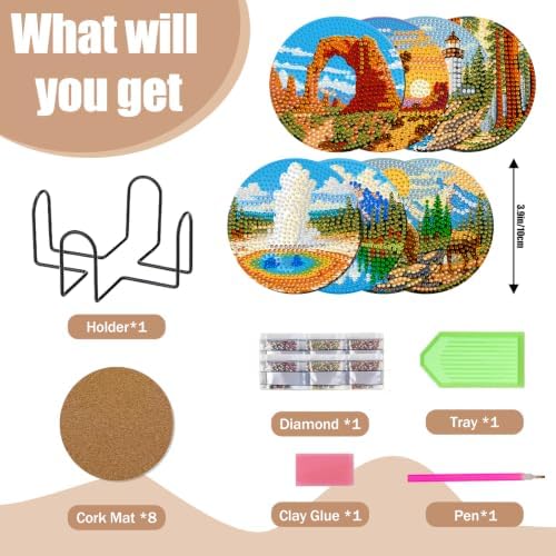 CRZMODE 8 Pcs National Park Diamond Art Coasters Kits, Diamond Painting Coasters with Holder Set of 8, DIY National Park Art Crafts Supplies for Adults Cup Mat House Warming Gifts Non-Slip