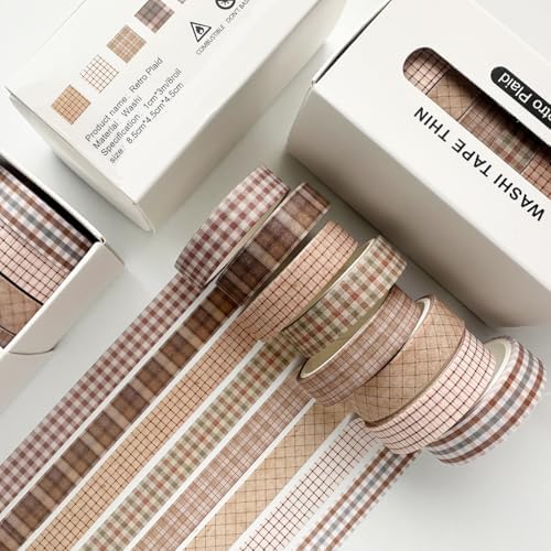 Vintage Washi Tape Set 8 Rolls Thin Retro Decorative Antique Patterns Masking Tapes for Arts, DIY Crafts, Journals, Planners, Scrapbook, Wrapping (Retro Plaid)
