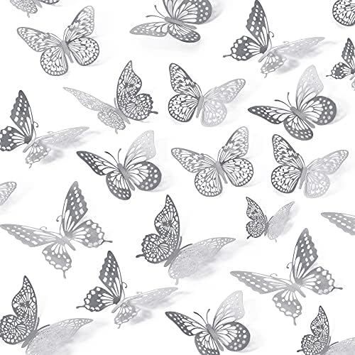 SAOROPEB 3D Butterfly Wall Decor, 48 Pcs 4 Styles 3 Sizes, Removable Metallic Wall Sticker Room Mural Decals for Kids Bedroom Nursery Classroom Party Decoration Wedding Decor DIY Gift (Sliver) | 4 Styles 3 Sizes, Removable Metallic Wall Sticker Mural D...