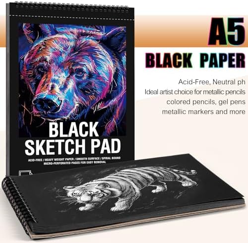 Black Paper Sketchbook 5.5 × 8.5 in, 30 Sheets, 160gsm Spiral Bound | Acid-Free 98Lb Black Paper, Top Spiral, Tear-Off Pages, Hardcover, for Colored Pencil, Chalk & Metallic Markers
