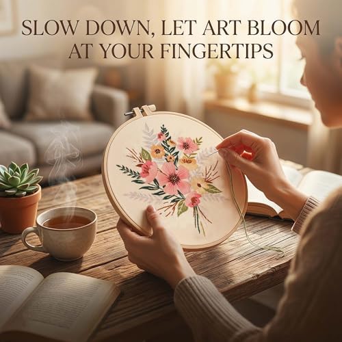 Harimau Adult Beginner Embroidery Starter Kit, Complete Set with 4 Patterns, 2 Hoops, Needles, Scissors, Instruction Guide & Stitching Video Tutorials