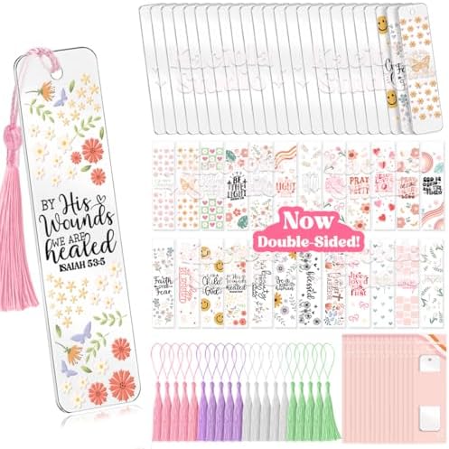 Kaciola 24PCS Acrylic Bookmark Blanks with 24PCS Faith Theme UV DTF Stickers and 4 Colors Tassels,Blank Bookmarks UV DTF Transfers Stickers for DIY Crafts Hanging Tag Gift Bookmarks DIY