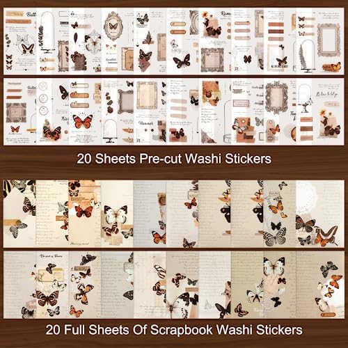 Dizdkizd Washi Stickers for Journaling, Vintage Ephemera Book for Scrapbooking with 180pcs Butterfly Stickers and 20 Sheets Adhesive Scrapbook Papers, Junk Journal Supplies