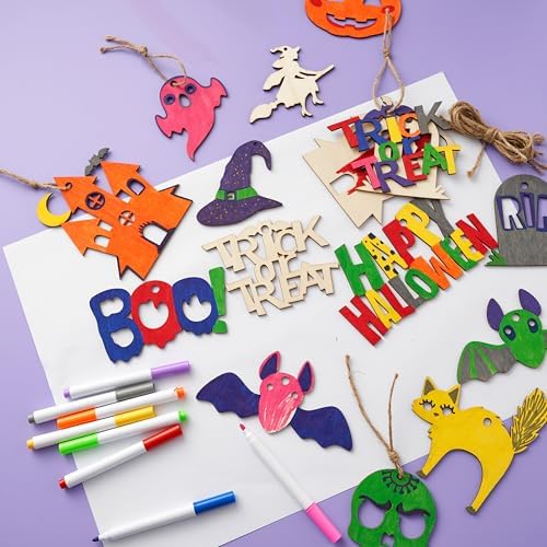 JOYIN 60 Pcs Halloween Craft Wooden Painting Kit, Halloween Party Supplies, Party Favors for Kids, Wood Blank Cutouts Ornaments, Gift Tags Decor for School Art DIY Activities Goodies Games