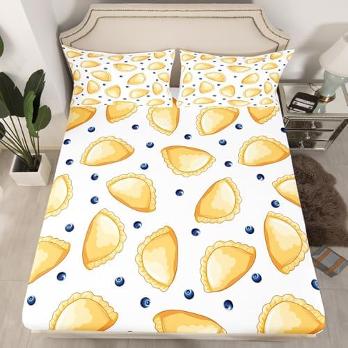 Dumplings Bed Sheet Set Full Size Chinese Style Traditional Food Mattress Cover Blueberry Sheets for Boys Girls Bedroom White Yellow with Flat,Fitted Sheet Pillowcase 4Pcs