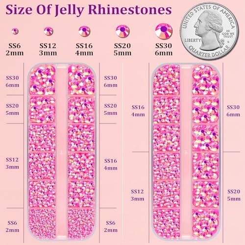 Resin Jelly Rhinestones for Crafting with B7000 Jewelry Glue, 2 Boxes Hot Pink AB Flatback Crystals with 3Pcs 10ml Glue, Bedazzling Non Hotfix Gems for DIY Tumblers Clothing Shoes Manicure
