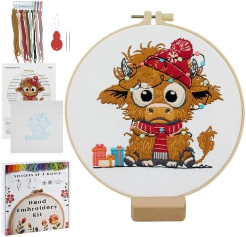Christmas Highland Cow Embroidery Kit for Beginners Adults Easy Embroidery Starter Kit Highland Cow Christmas Hat Cross Stitch Kits Embroiderys Hoop Needlepoint Kits with Instruction Needles Thread